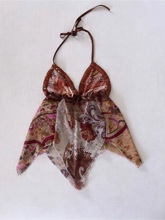 Vintage Tops - Y2K Milenium Brown Paisley Sequin
Handkerchief Top